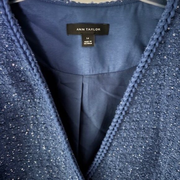 Ann Taylor Jacket Blue 14 Long Sleeve 2 Button Metallic Sparkle Fringe Classic - Picture 5 of 6